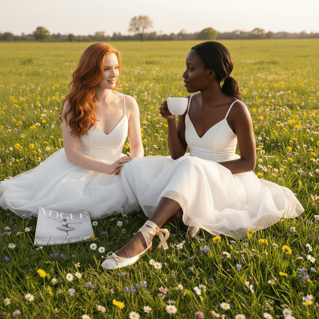 Two women in white dresses sitting in a field of flowers with a magazine on the grass.