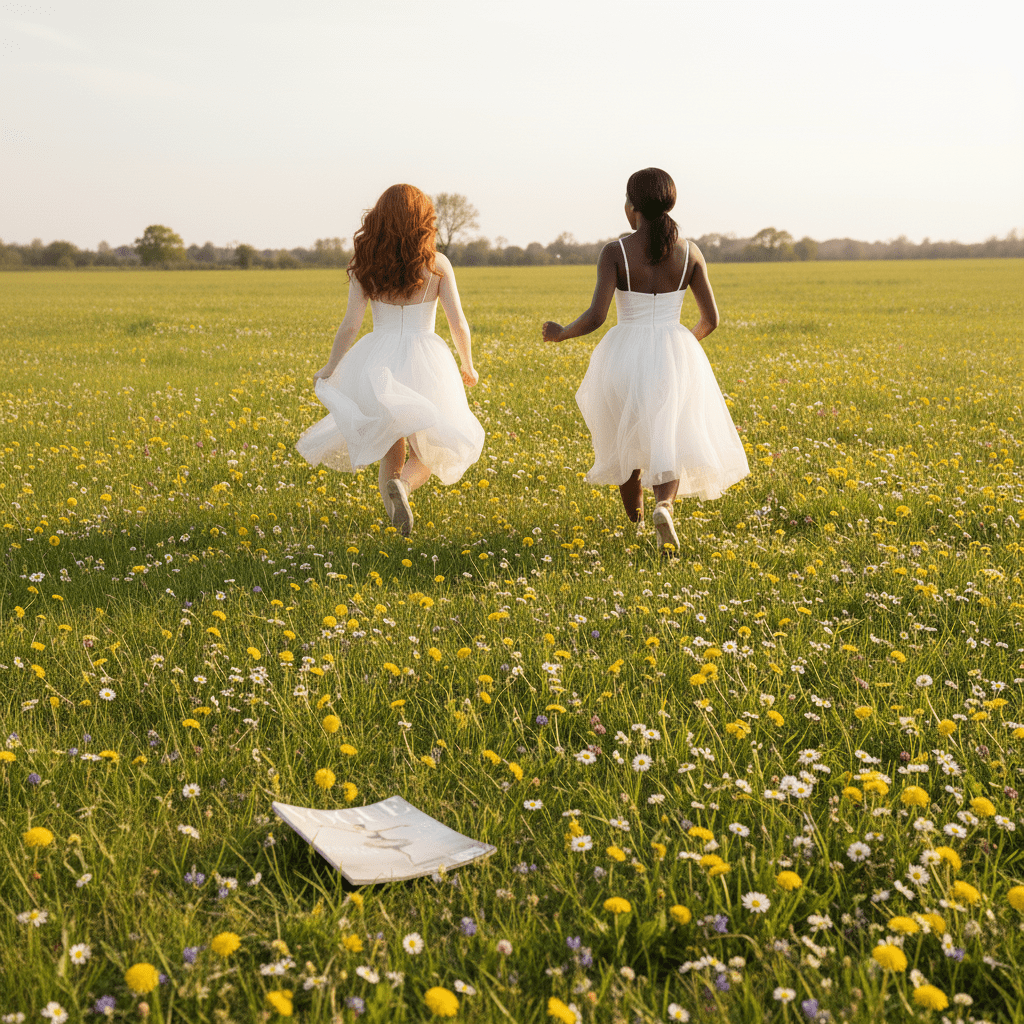 Two women in white dresses running through a field of wildflowers with a book on the ground.