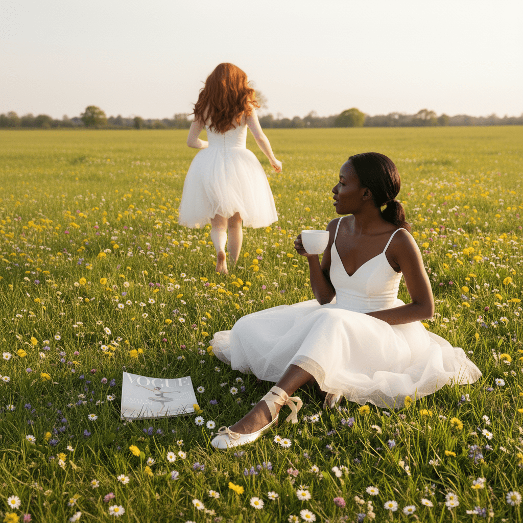 Two women in white dresses in a field with a Vogue magazine.