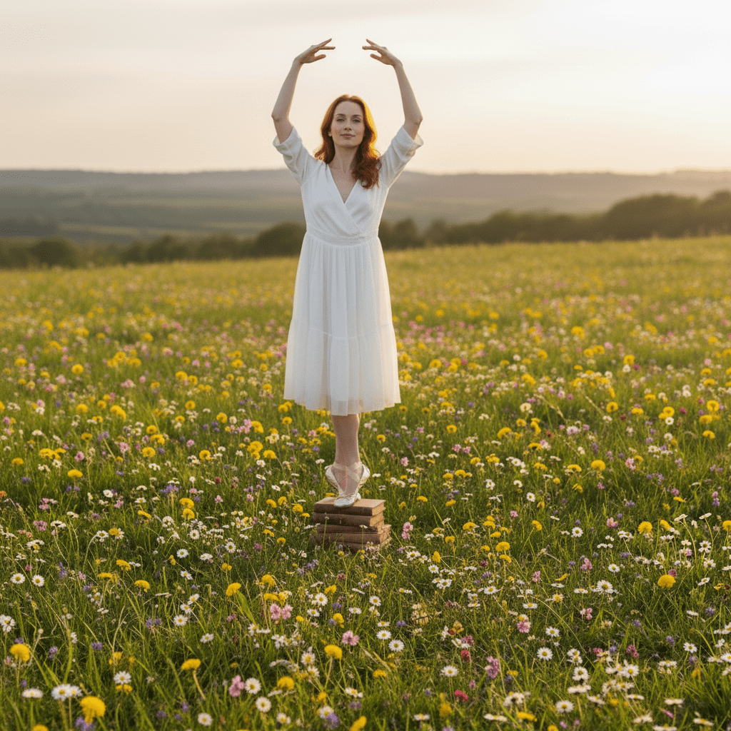 Woman in a white dress standing on a wooden box in a field of flowers with arms raised.