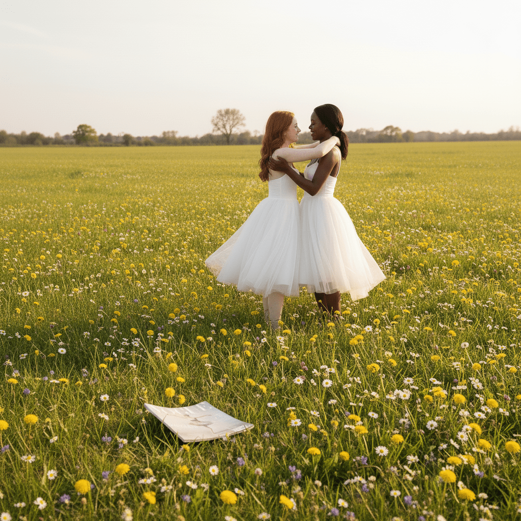 Two women in white dresses embracing in a field of wildflowers.