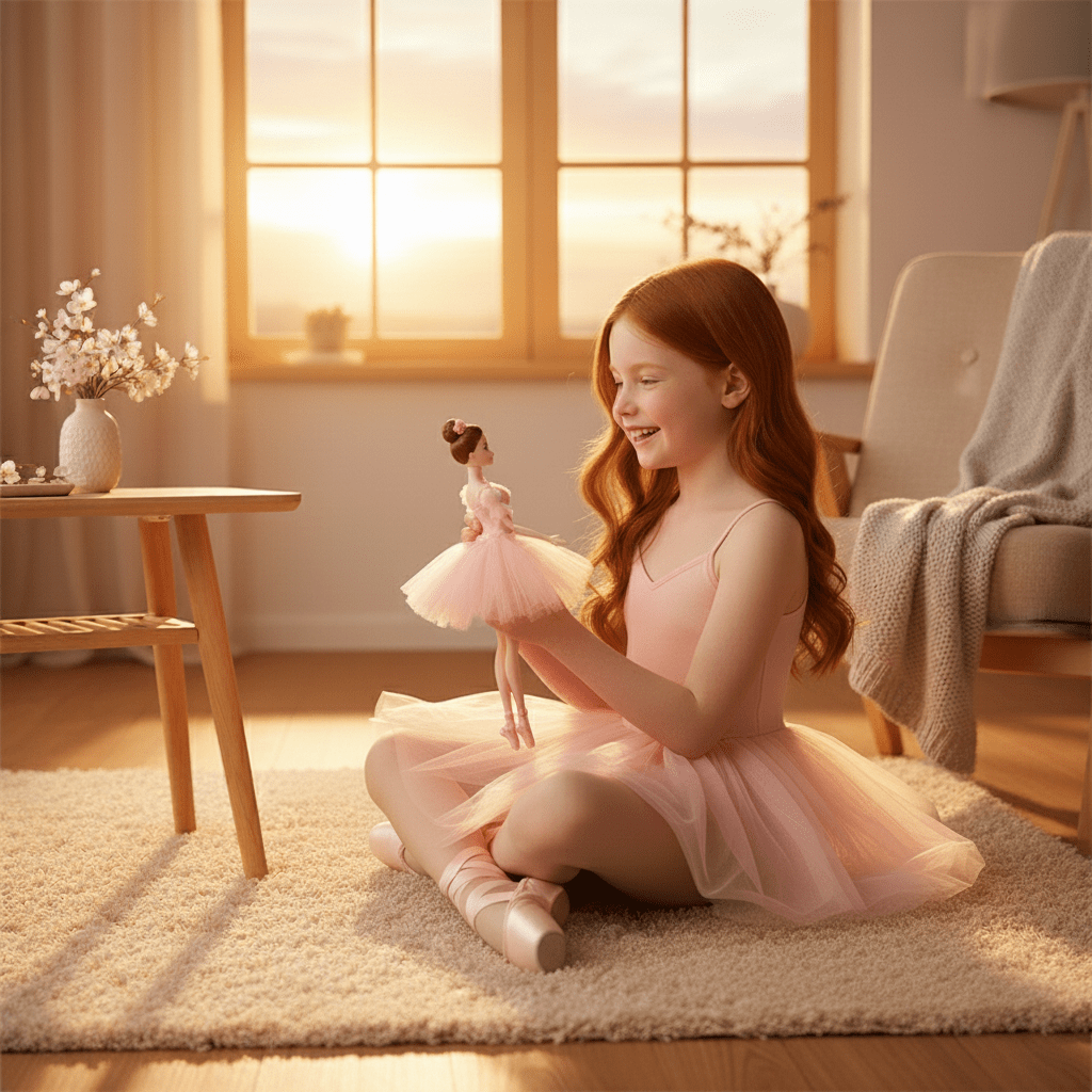 Young girl in a pink dress playing with a doll in a warm, sunlit room.