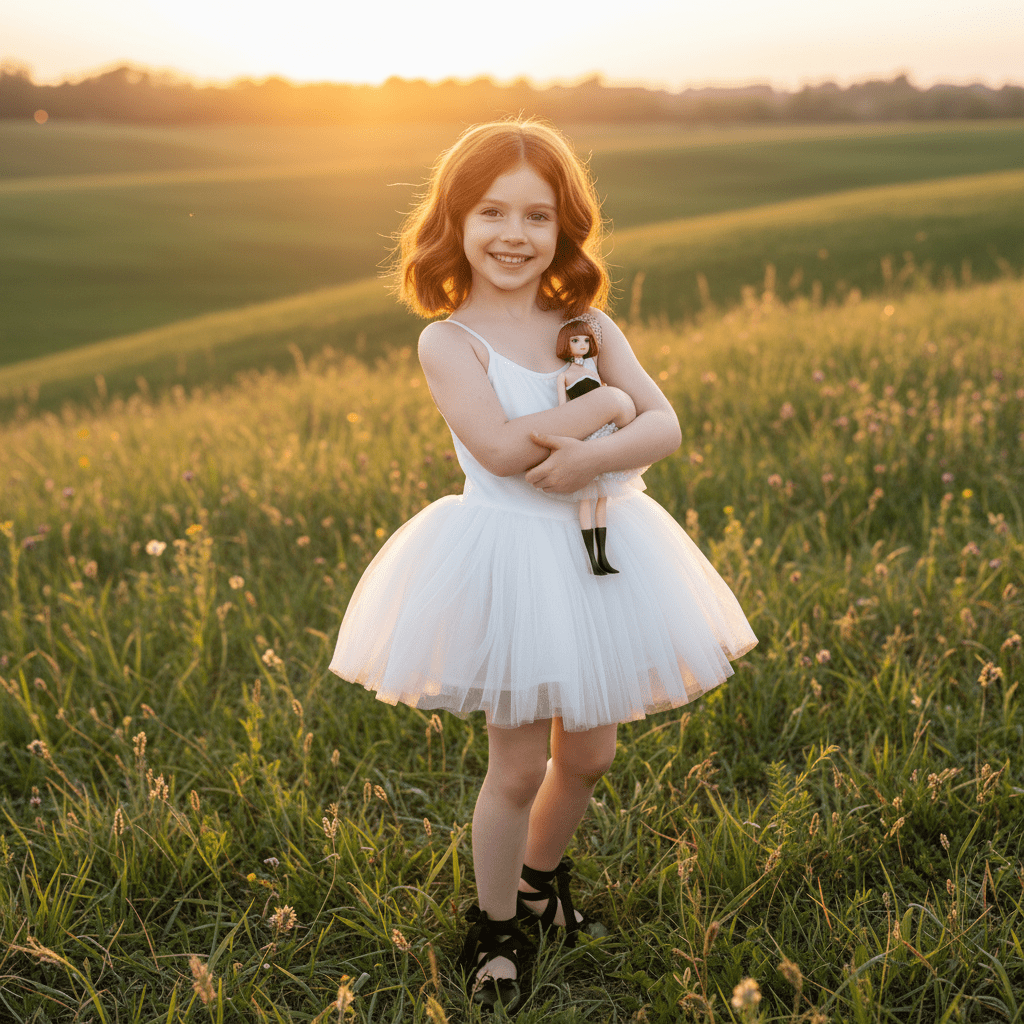 Young girl in a white dress holding a doll in a field at sunset