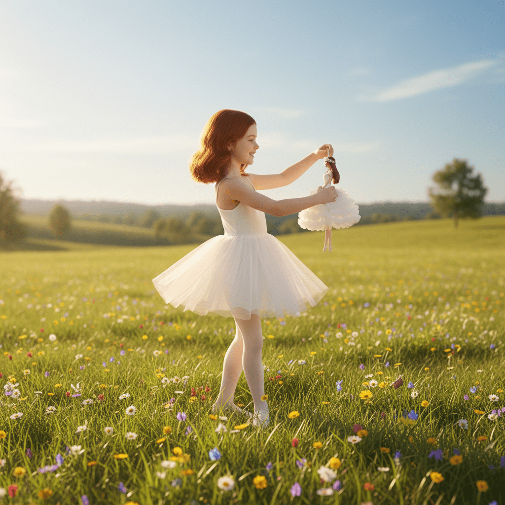 Girl in a white tutu dress standing in a field of flowers with a blue sky.