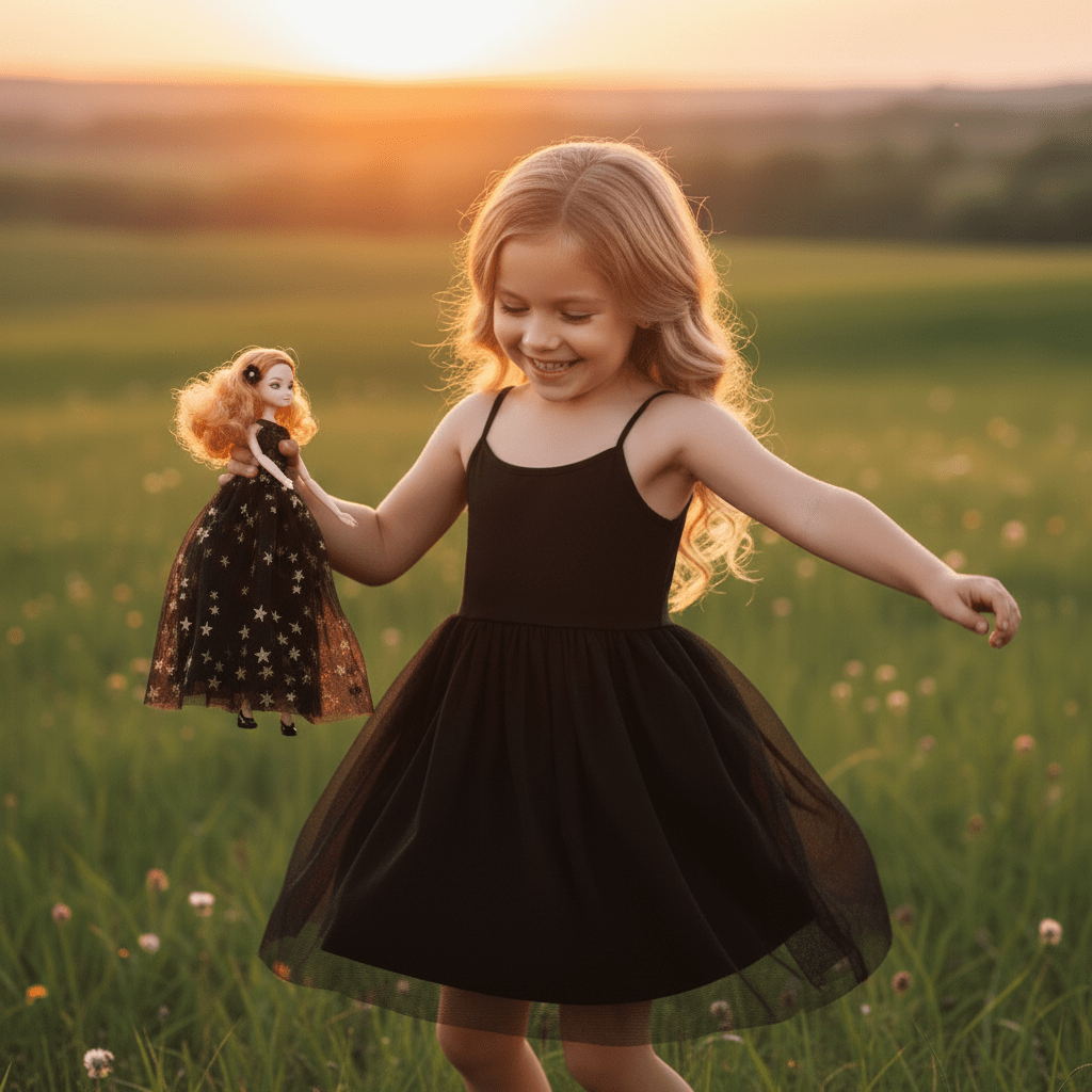 Young girl in a black dress holding a doll in a field at sunset