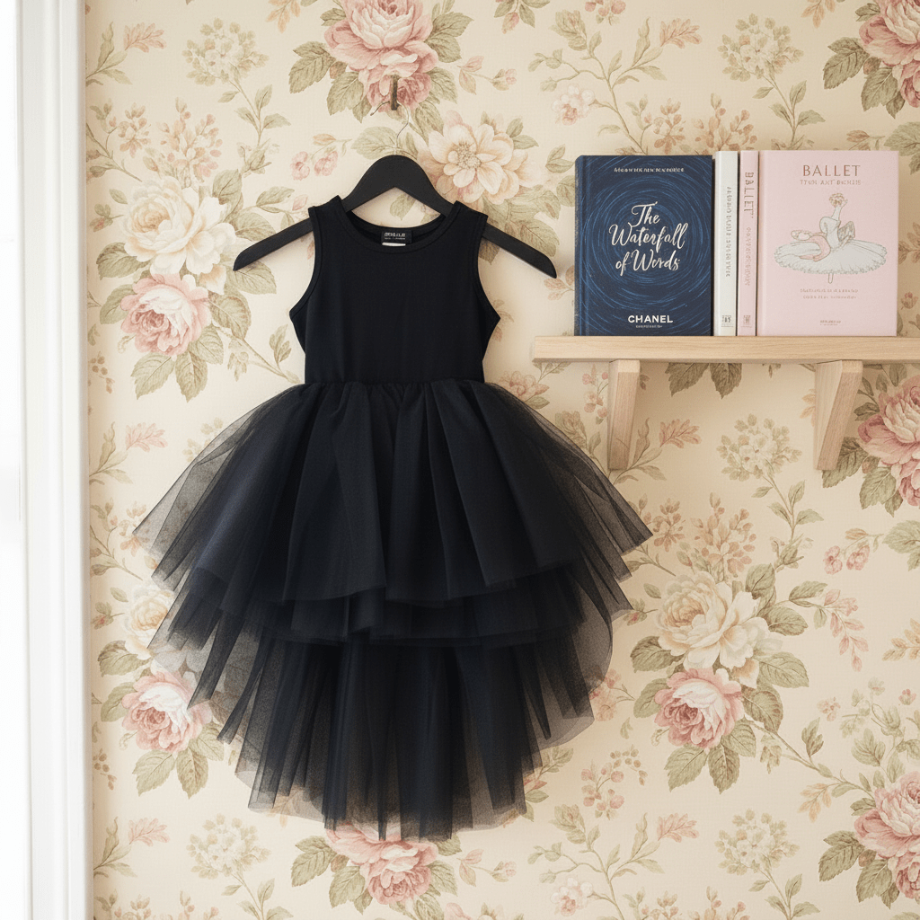 Black tutu dress on a hanger against a floral wallpaper background