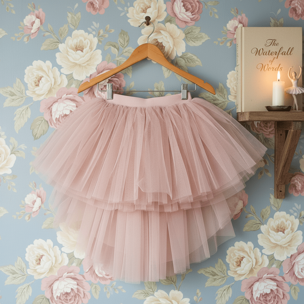 Pink tulle skirt on a wooden hanger against a floral wallpaper background