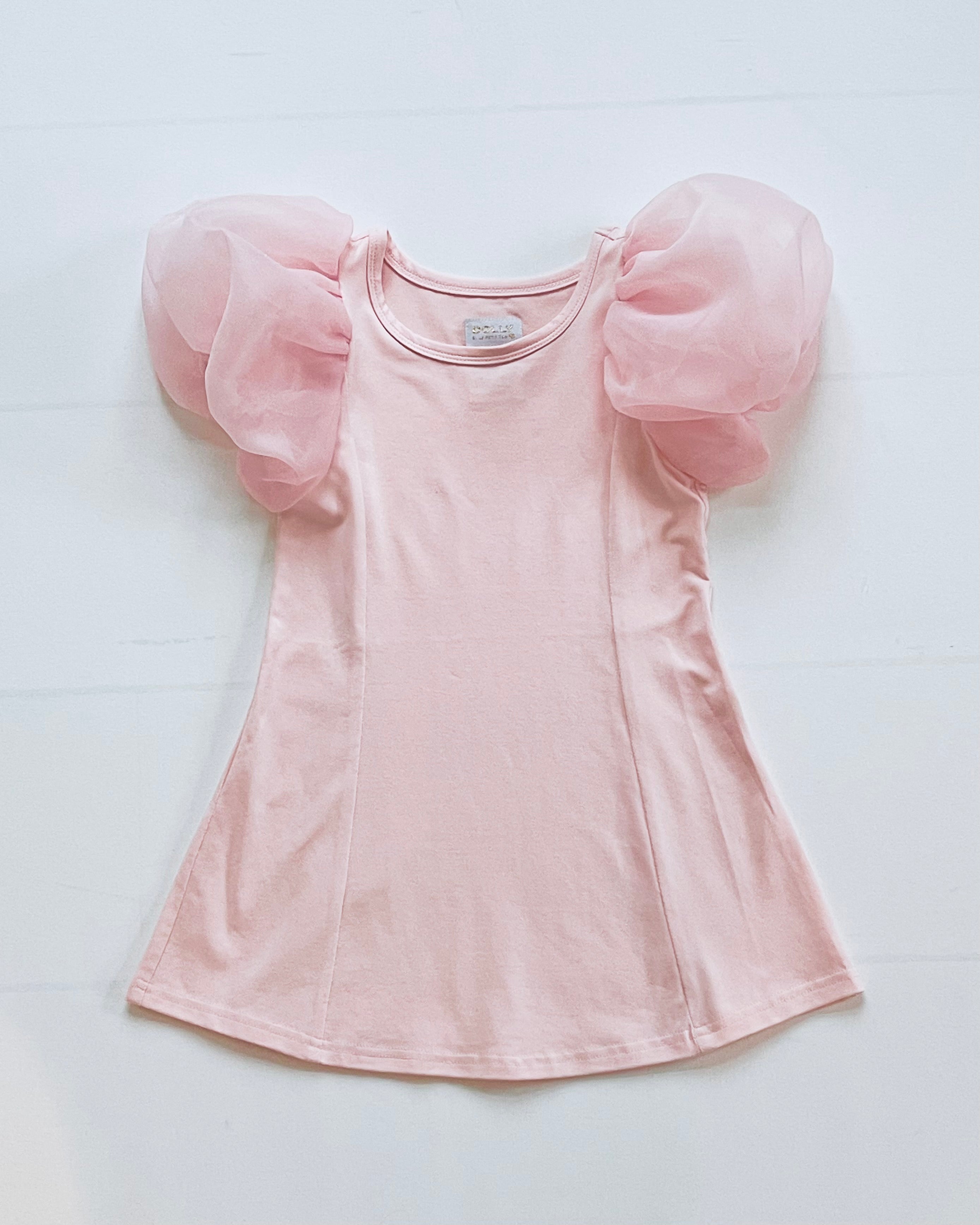 DOLLY WORLD SHORT PUFF SLEEVE ORGANZA DRESS WITH COTTON BODY dollypink
