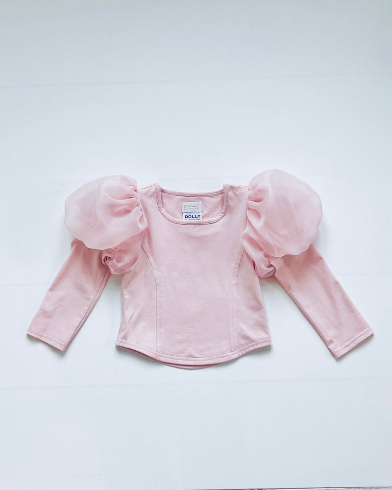 DOLLY WORLD PUFF LONG SLEEVE ORGANZA TOP WITH COTTON BODY dollypink
