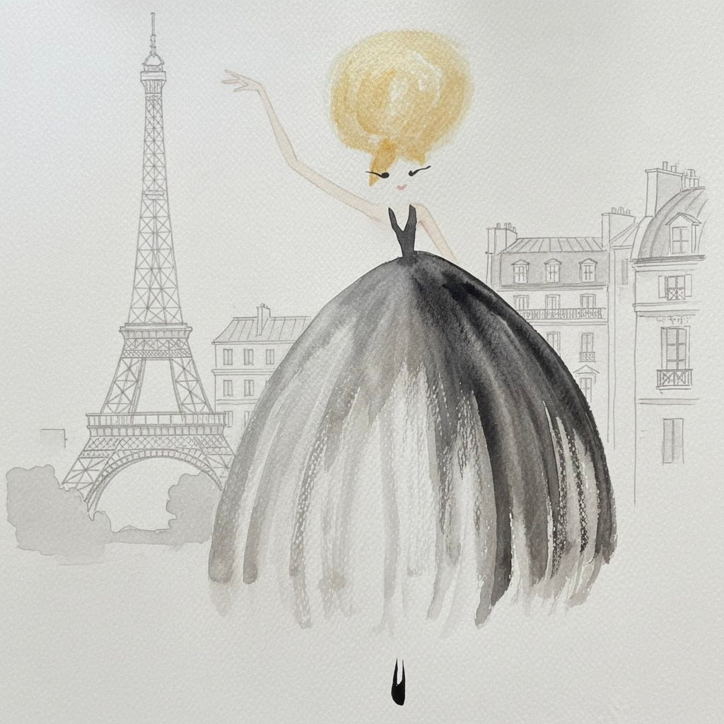 DOLLY Sunny in Paris Black Tutu Dress Watercolor Art Print on Canvas