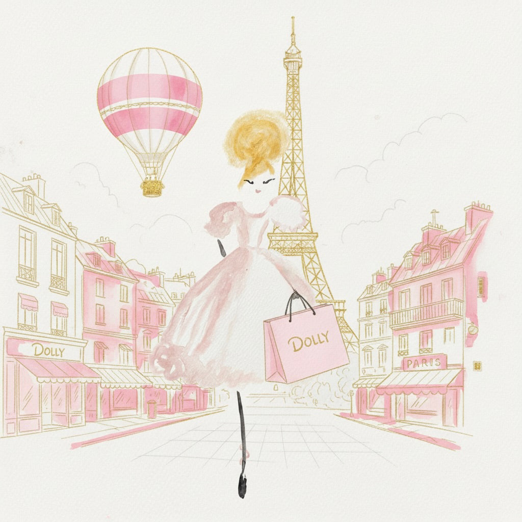 DOLLY Sunny Frilly Dress Pink Shopping in Paris Watercolor Art Print on Canvas