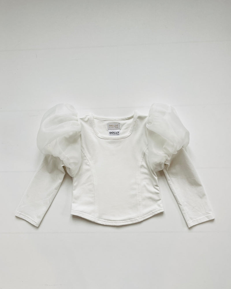DOLLY WORLD PUFF LONG SLEEVE ORGANZA TOP WITH COTTON BODY white