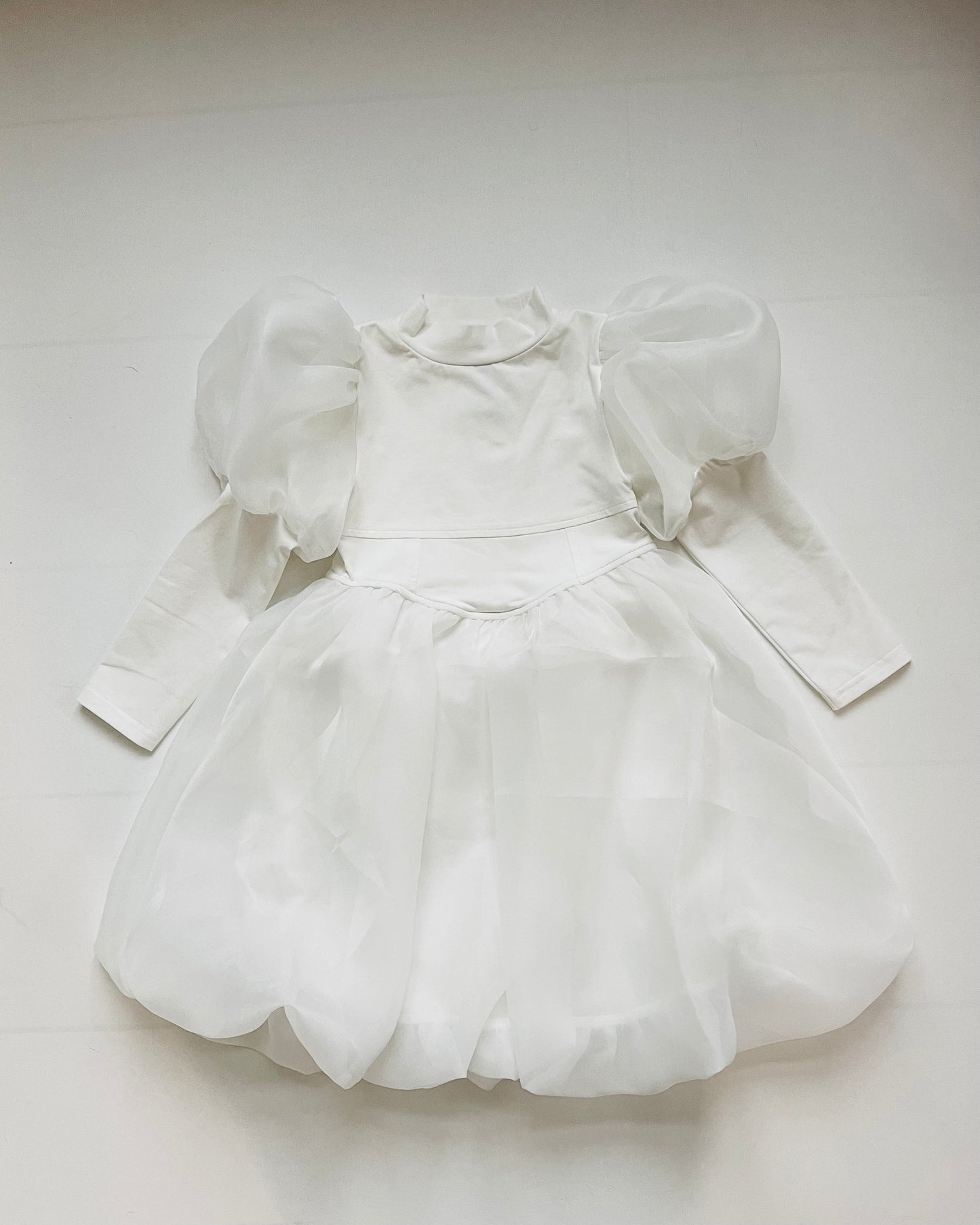 DOLLY WORLD PUFF LONG SLEEVE BALLOON ORGANZA DRESS WITH COTTON BODY white