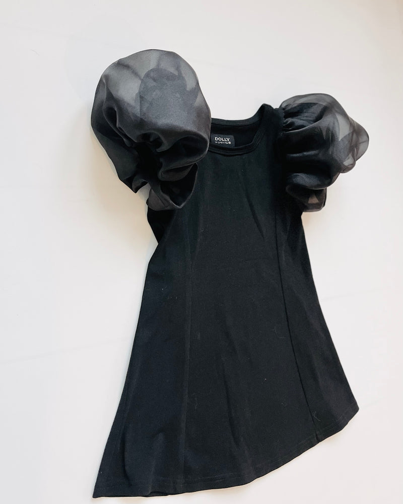 DOLLY WORLD SHORT PUFF SLEEVE ORGANZA DRESS WITH COTTON BODY black