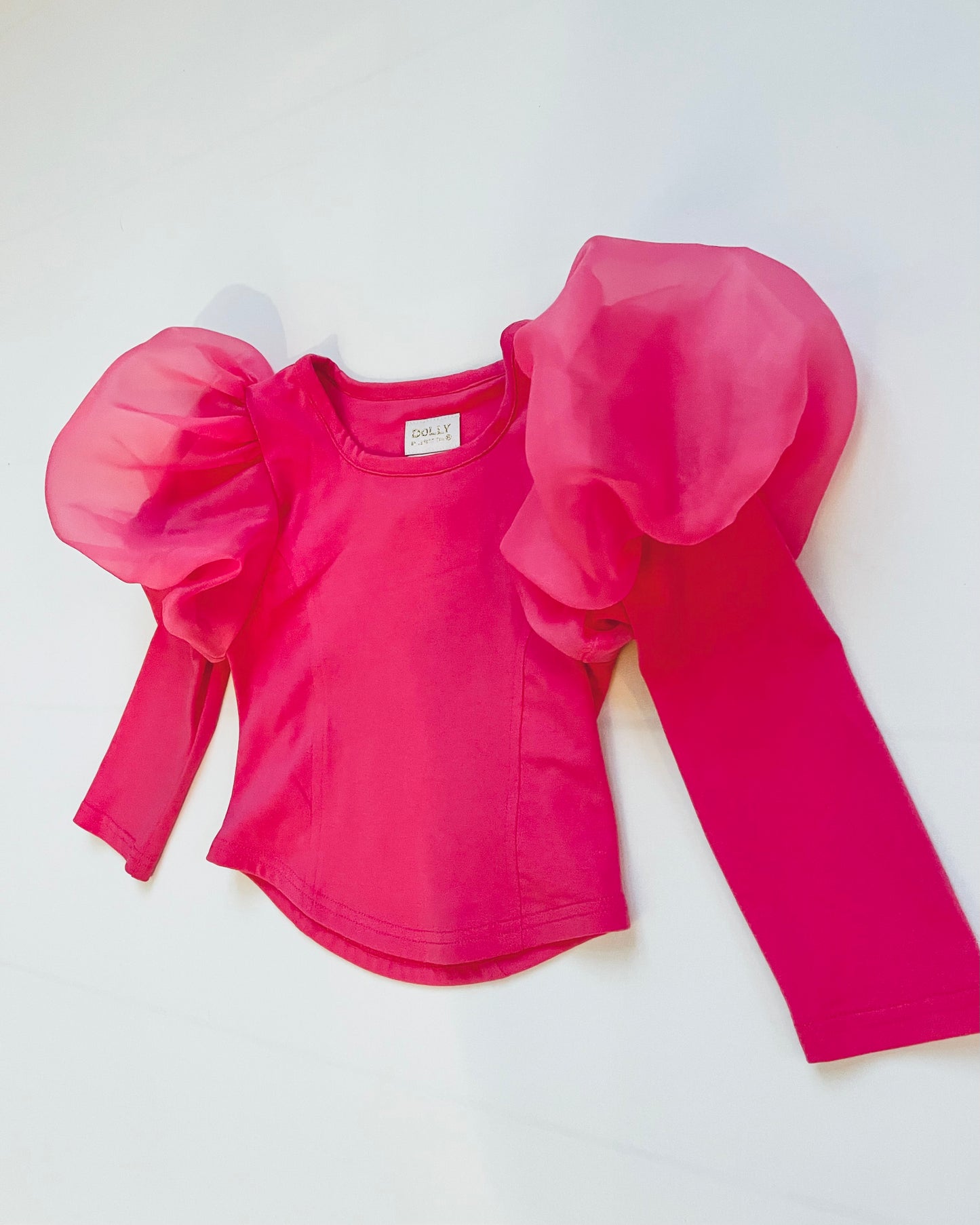 DOLLY WORLD PUFF LONG SLEEVE ORGANZA TOP WITH COTTON BODY barbiepink