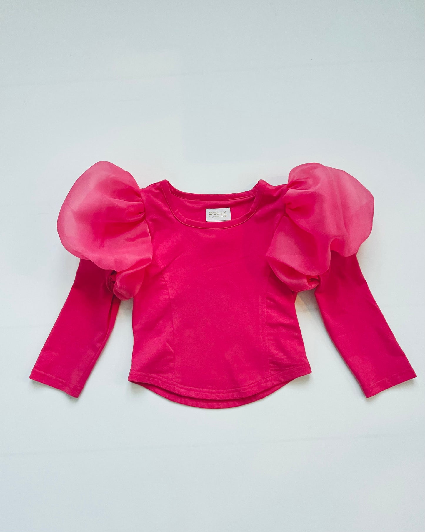 DOLLY WORLD PUFF LONG SLEEVE ORGANZA TOP WITH COTTON BODY barbiepink