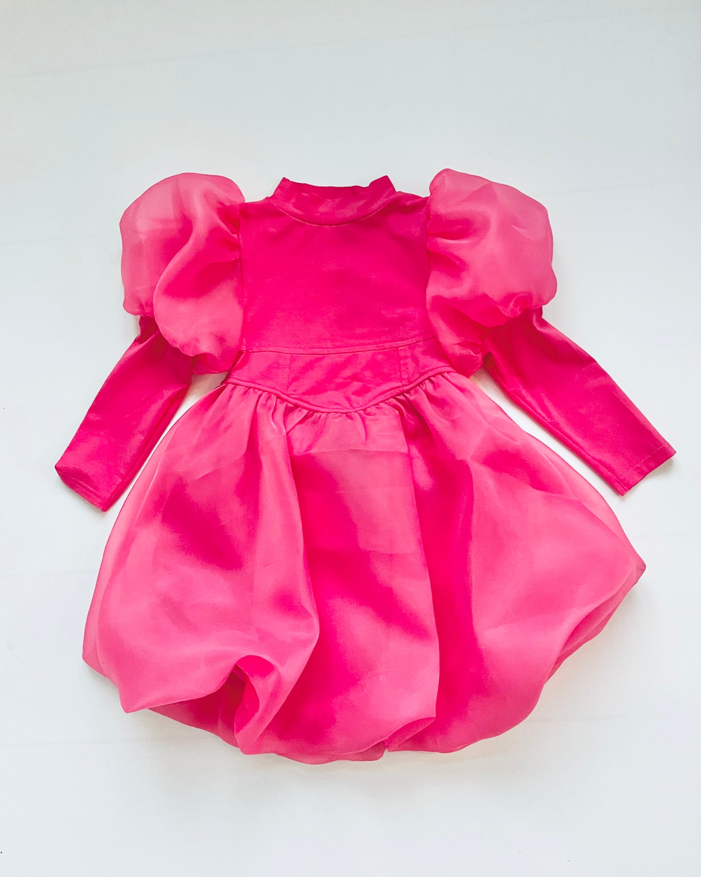 DOLLY WORLD PUFF LONG SLEEVE BALLOON ORGANZA DRESS WITH COTTON BODY barbiepink