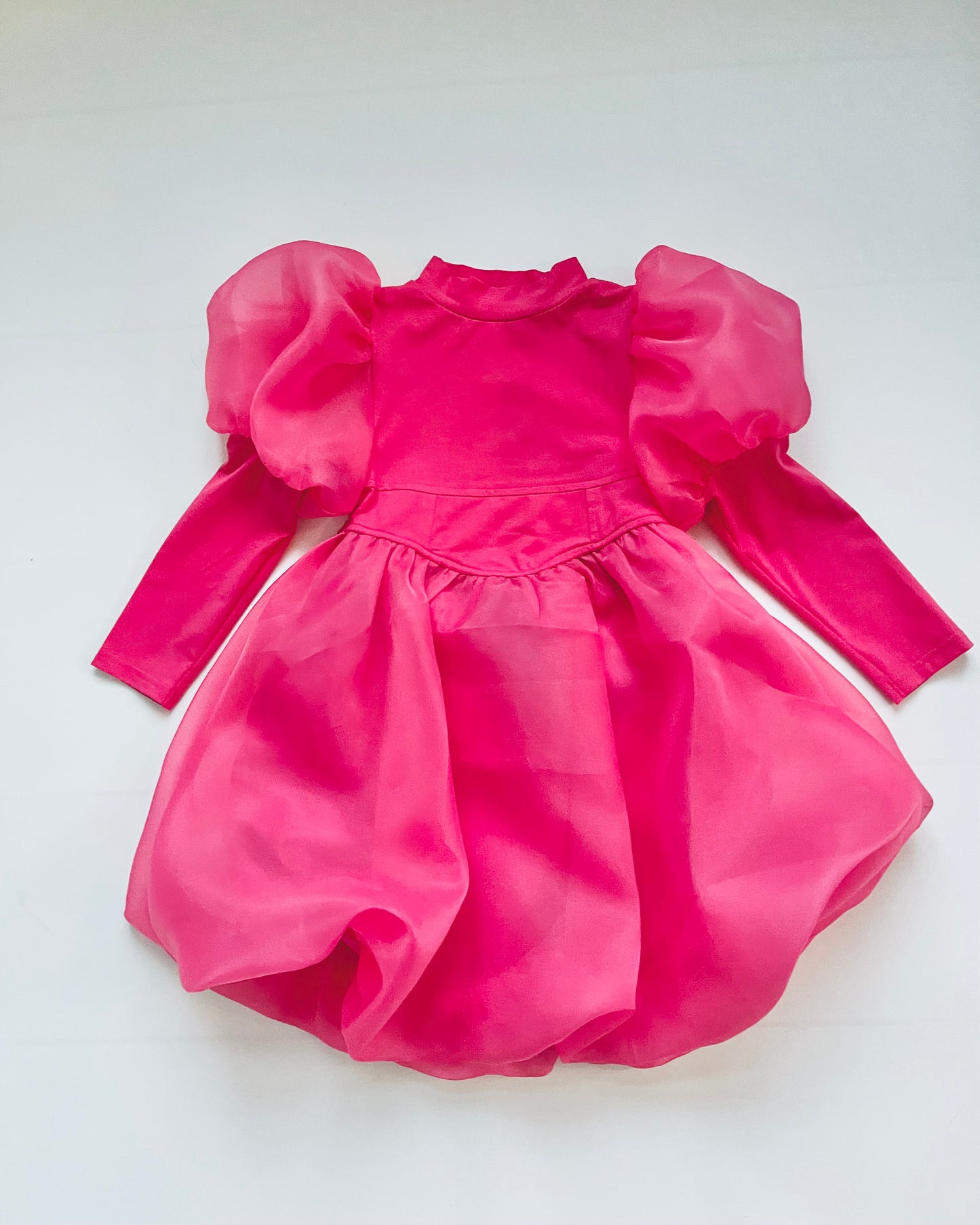 DOLLY WORLD PUFF LONG SLEEVE BALLOON ORGANZA DRESS WITH COTTON BODY barbiepink