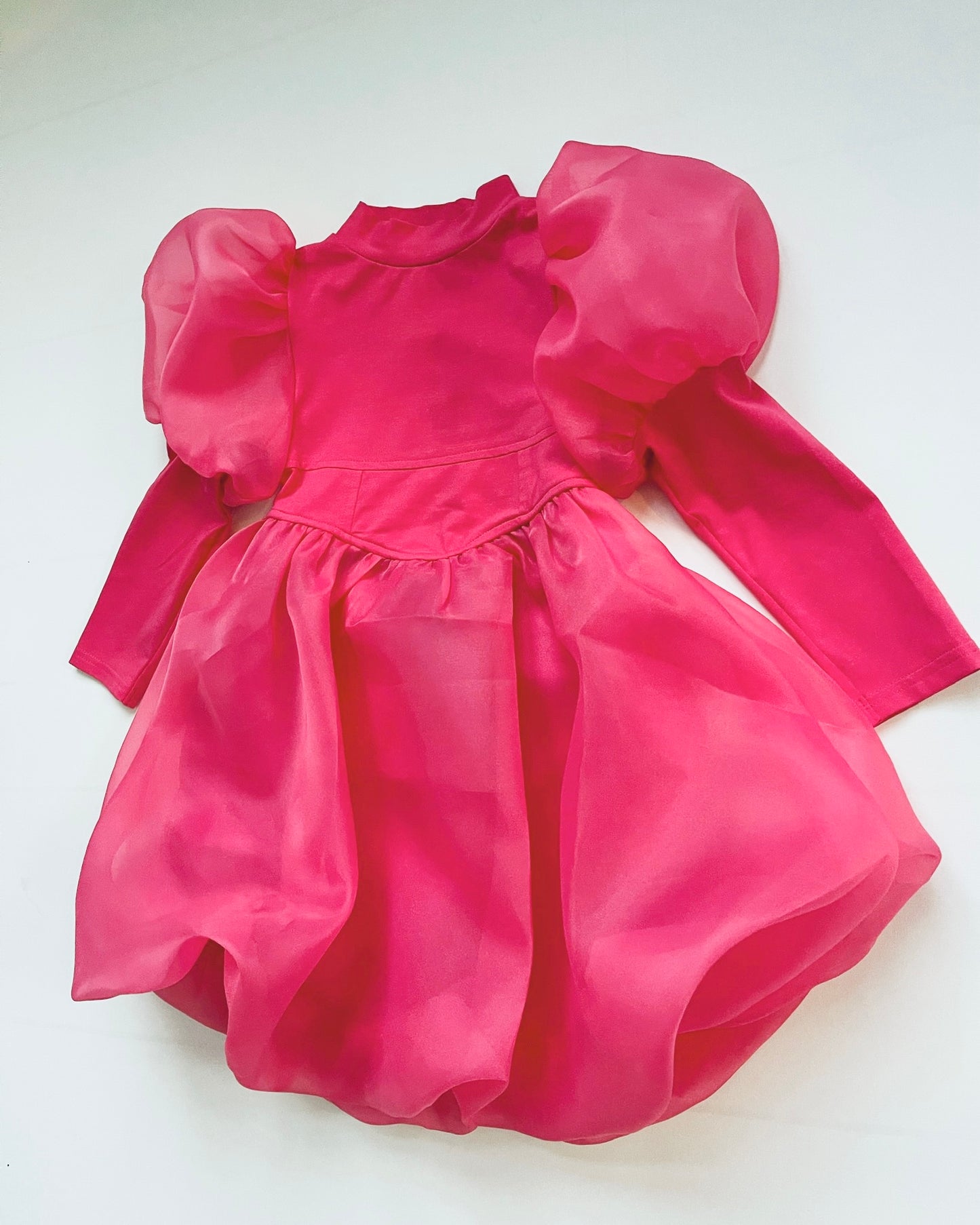 DOLLY WORLD PUFF LONG SLEEVE BALLOON ORGANZA DRESS WITH COTTON BODY barbiepink