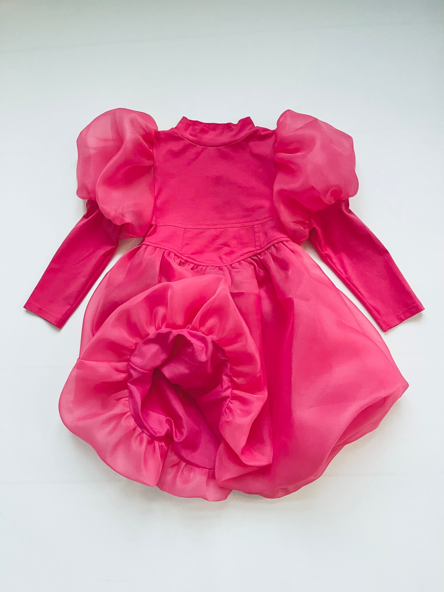 DOLLY WORLD PUFF LONG SLEEVE BALLOON ORGANZA DRESS WITH COTTON BODY barbiepink