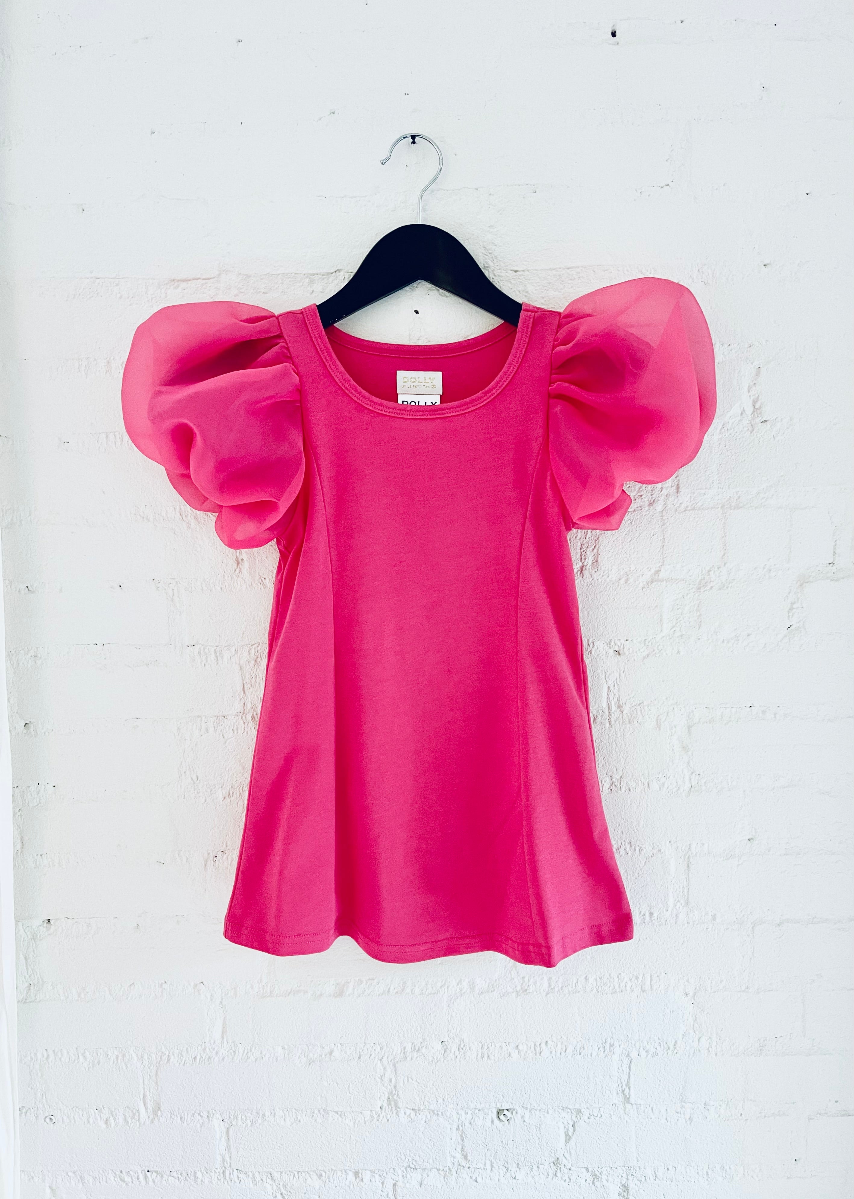 DOLLY WORLD SHORT PUFF SLEEVE ORGANZA DRESS WITH COTTON BODY barbiepink
