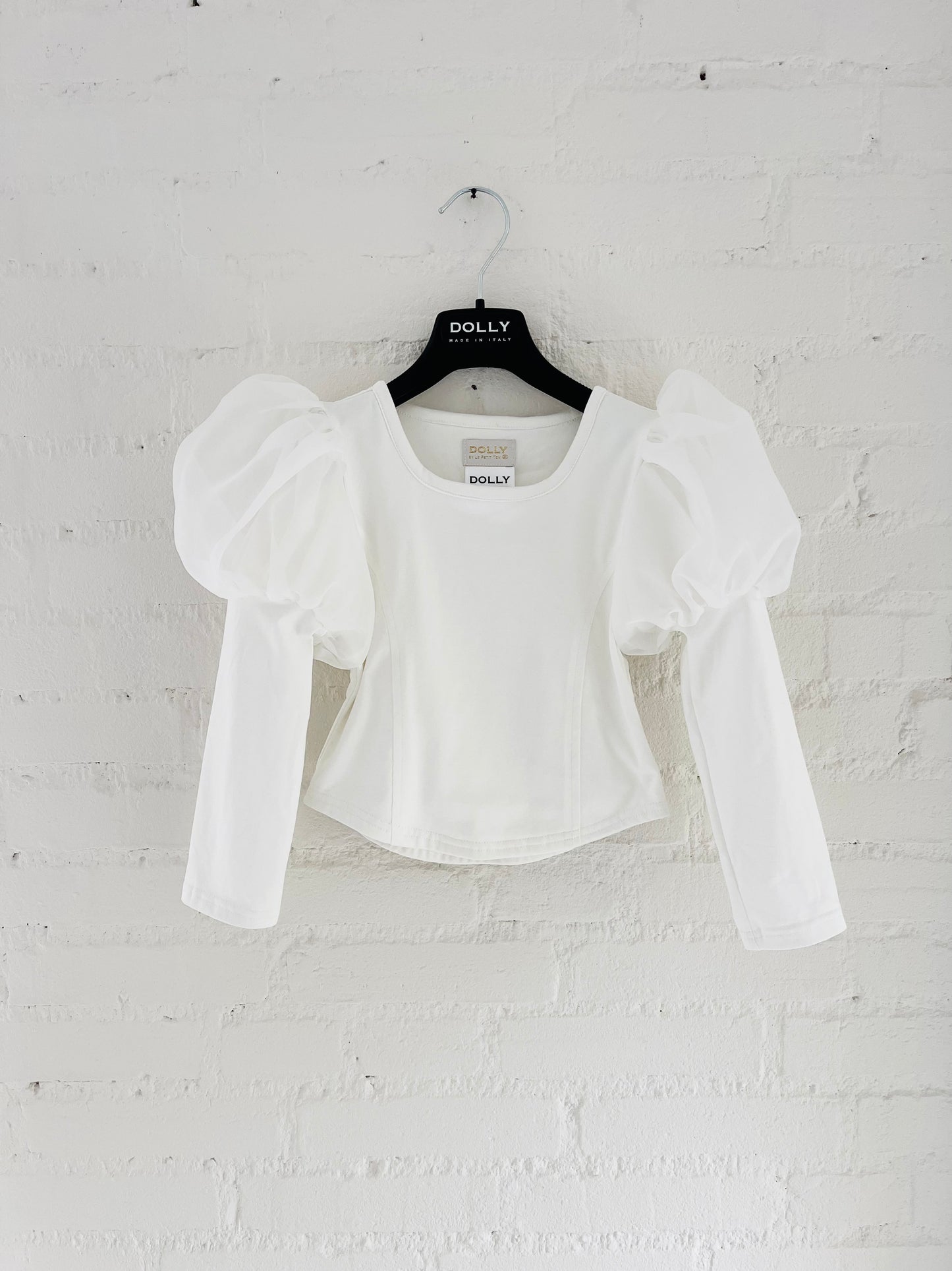 DOLLY WORLD PUFF LONG SLEEVE ORGANZA TOP WITH COTTON BODY white
