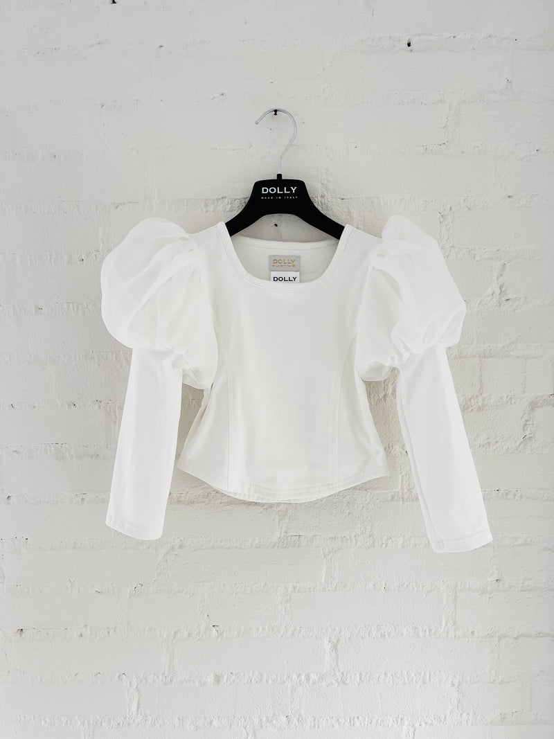 DOLLY WORLD PUFF LONG SLEEVE ORGANZA TOP WITH COTTON BODY white