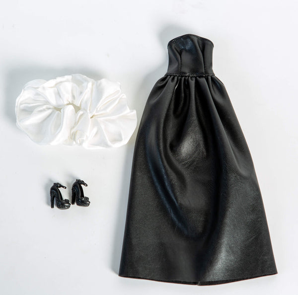DOLLY® DOLL CLOTHES SET KARL LAGERFELD WITH BLACK LONG LEATHER DRESS + SHOES FOR 12 inch 30 cm 1/6 scale fashion dolls