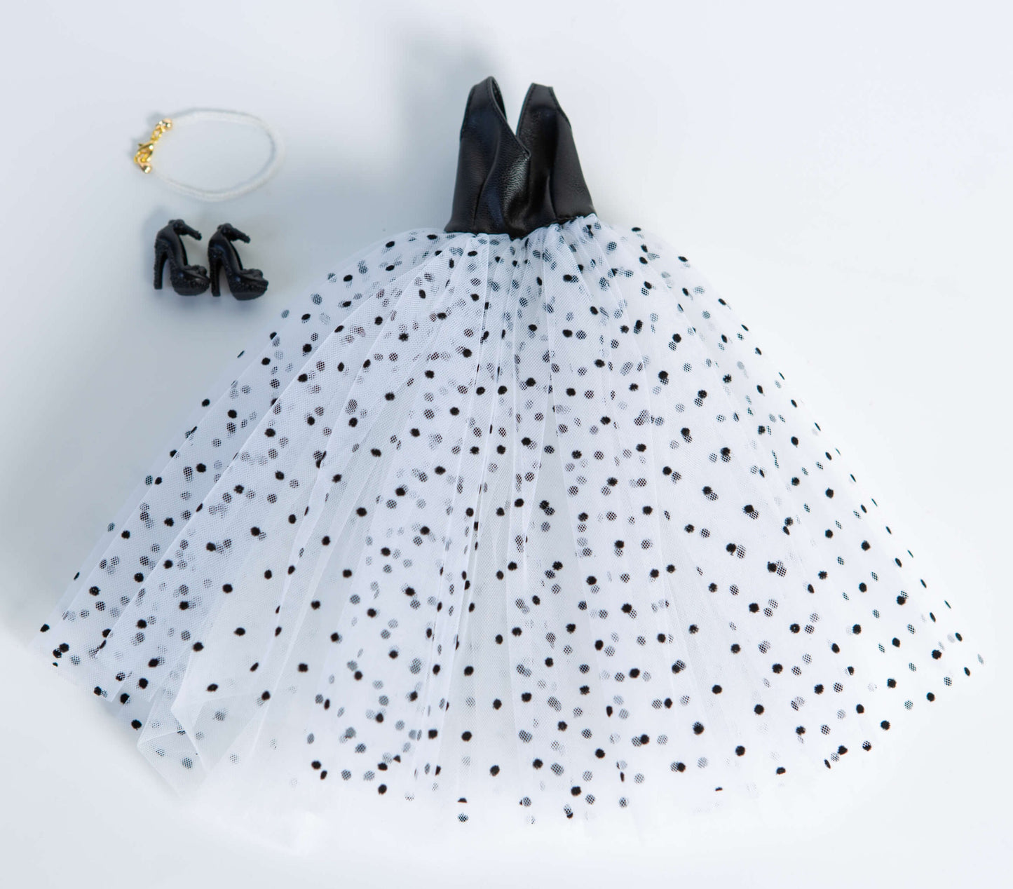 DOLLY® DOLL CLOTHES SET KARL LAGERFELD WITH BLACK WHITE DOTTED TULLE DRESS + NECKLACE + SHOES FOR 12 inch 30 cm 1/6 scale fashion dolls