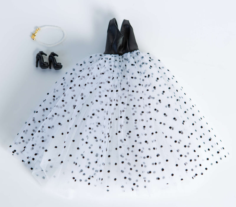 DOLLY® DOLL CLOTHES SET KARL LAGERFELD WITH BLACK WHITE DOTTED TULLE DRESS + NECKLACE + SHOES FOR 12 inch 30 cm 1/6 scale fashion dolls