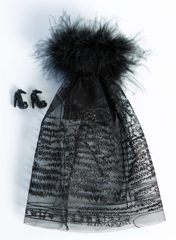 DOLLY® DOLL CLOTHES SET KARL LAGERFELD BLACK TULLE TEXT DRESS WITH FEATHERS + SHOES FOR 12 inch 30 cm 1/6 scale fashion dolls