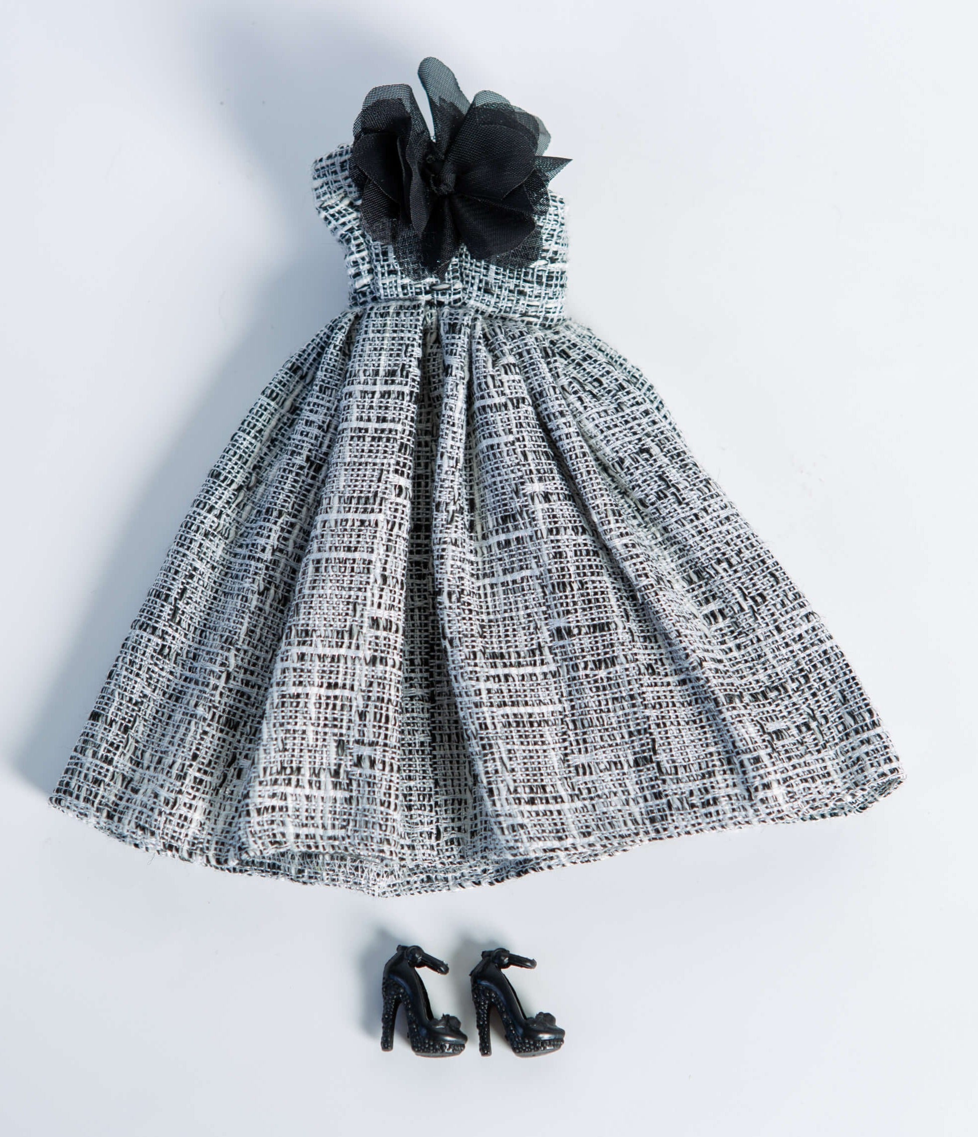 DOLLY® DOLL BARBIE CLOTHES SET COCO CHANEL BLACK WHITE TWEED DRESS + SHOES FOR 12 inch 30 cm 1/6 scale fashion dolls