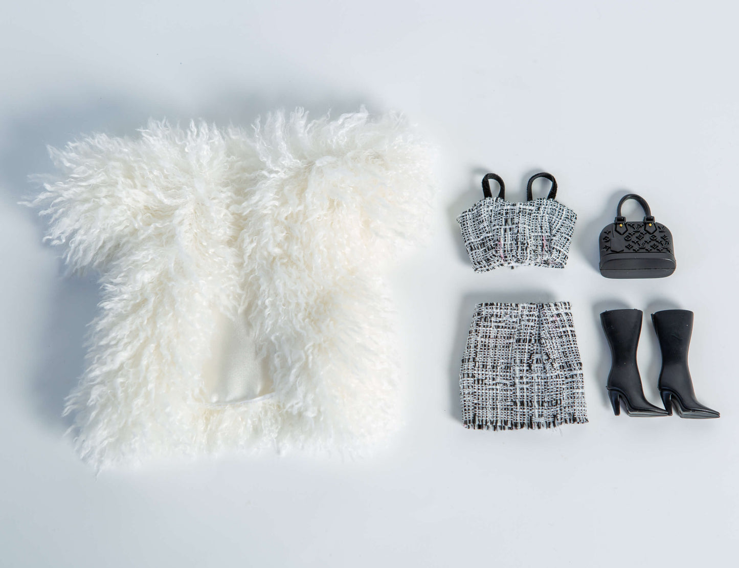 DOLLY® DOLL BARBIE CLOTHES SET COCO CHANEL BLACK WHITE TWEED SUIT + FUR + BOOTS FOR 12 inch 30 cm 1/6 scale fashion dolls