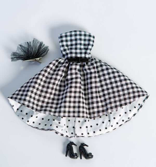 DOLLY® DOLL CLOTHES SET GUCCI BLACK WHITE CHECKERED SHORT DRESS + HEELS FOR 12 inch 30 cm 1/6 scale fashion dolls