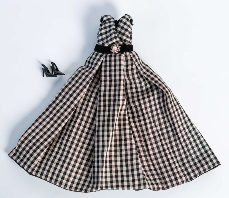 DOLLY® DOLL CLOTHES SET GUCCI BLACK WHITE CHECKERED LONG DRESS + GLOVES + SHOES FOR 12 inch 30 cm 1/6 scale fashion dolls