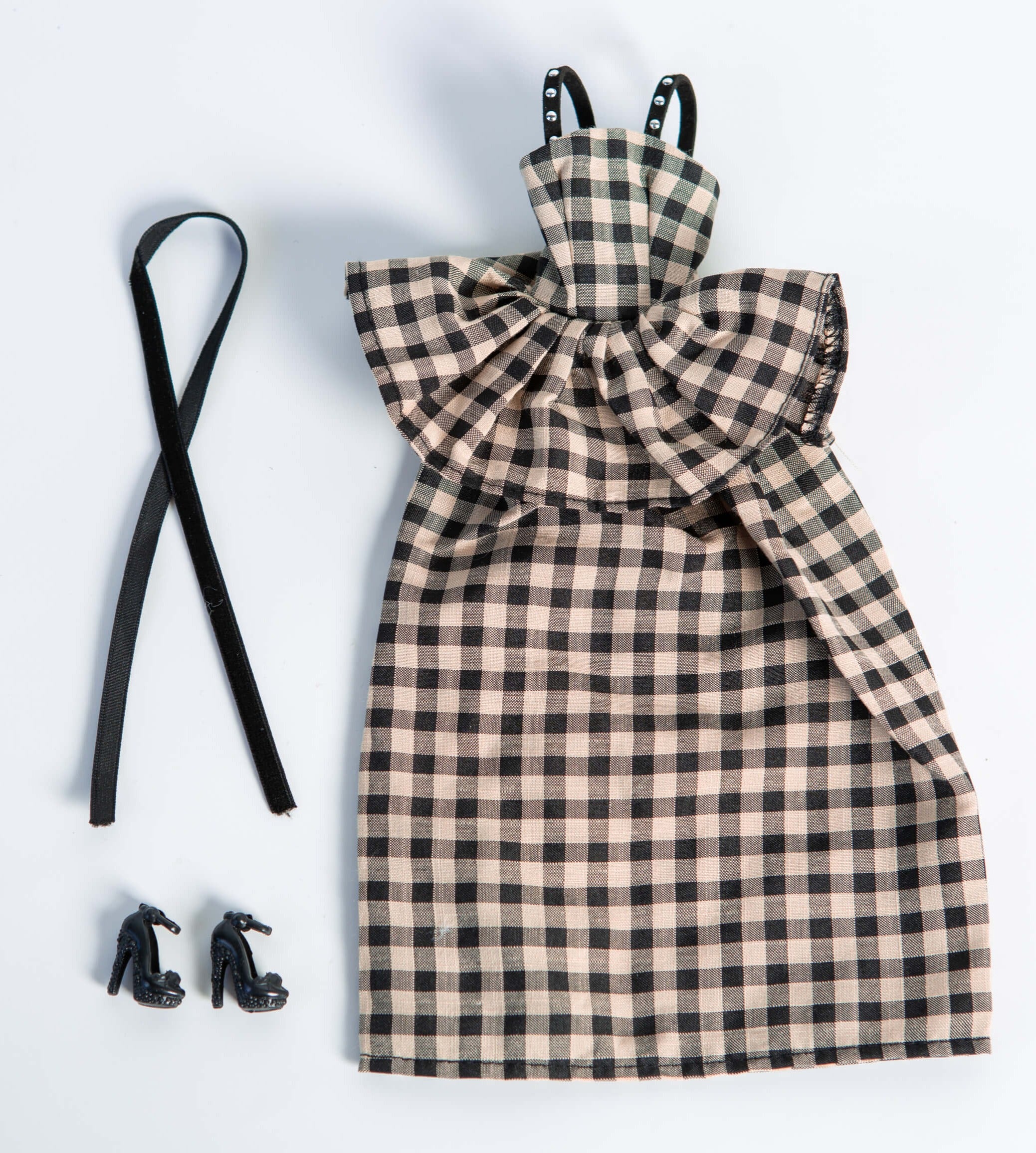 DOLLY® DOLL BARBIE CLOTHES SET GUCCI BLACK WHITE CHECKERED PEPLUM  DRESS + BOW FOR 12 inch 30 cm 1/6 scale fashion dolls