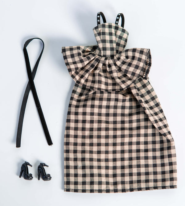 DOLLY® DOLL CLOTHES SET GUCCI BLACK WHITE CHECKERED PEPLUM  DRESS + BOW FOR 12 inch 30 cm 1/6 scale fashion dolls