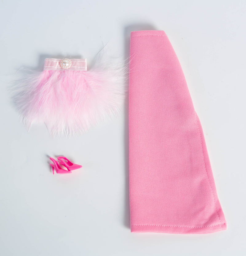 DOLLY® DOLL CLOTHES PINK FEATHER SHOWBIZ SPLIT DRESS + SHOES FOR 12 inch 30 cm 1/6 scale fashion dolls