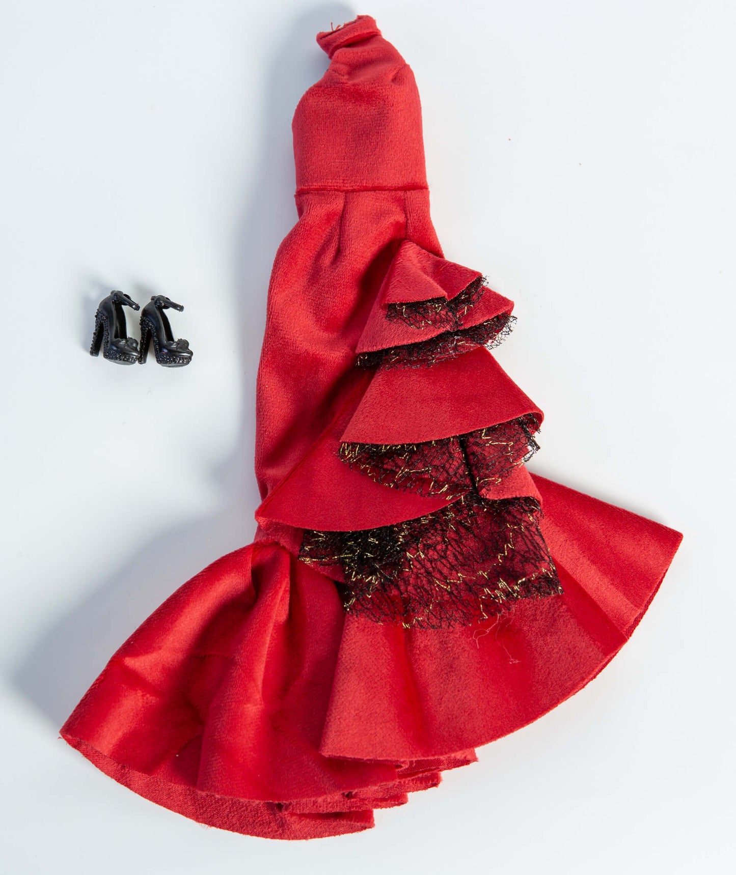 DOLLY® DOLL BARBIE CLOTHES RED CARPET VELVET SPANISH DRESS WITH BLACK LACE + SHOES FOR 12 inch 30 cm 1/6 scale fashion dolls