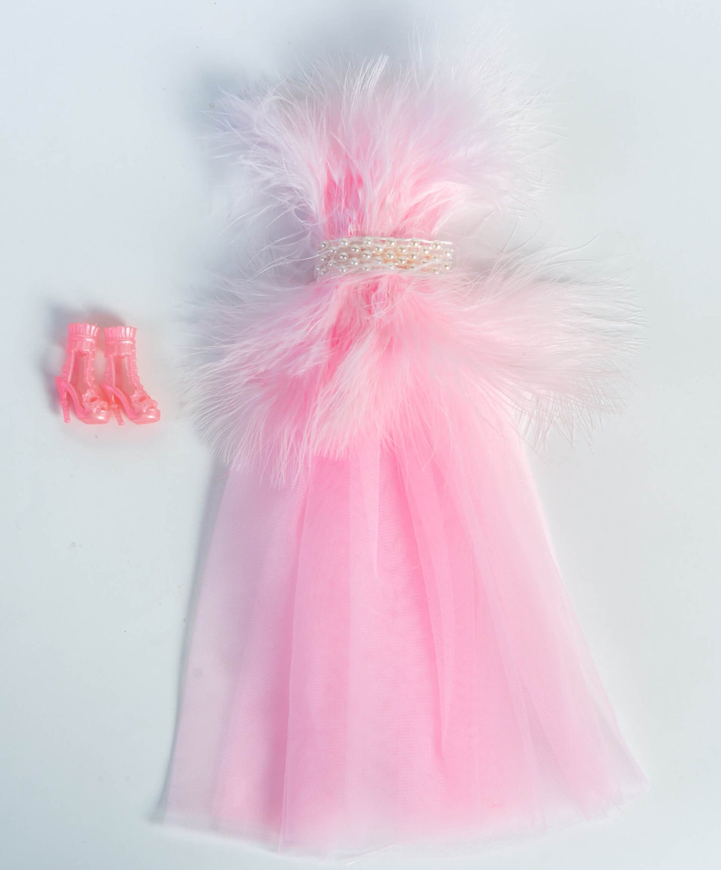 DOLLY® DOLL CLOTHES PINK FEATHER SHOWBIZ TULLE DRESS WITH PEARL BELT + SHOES FOR 12 inch 30 cm 1/6 scale fashion dolls