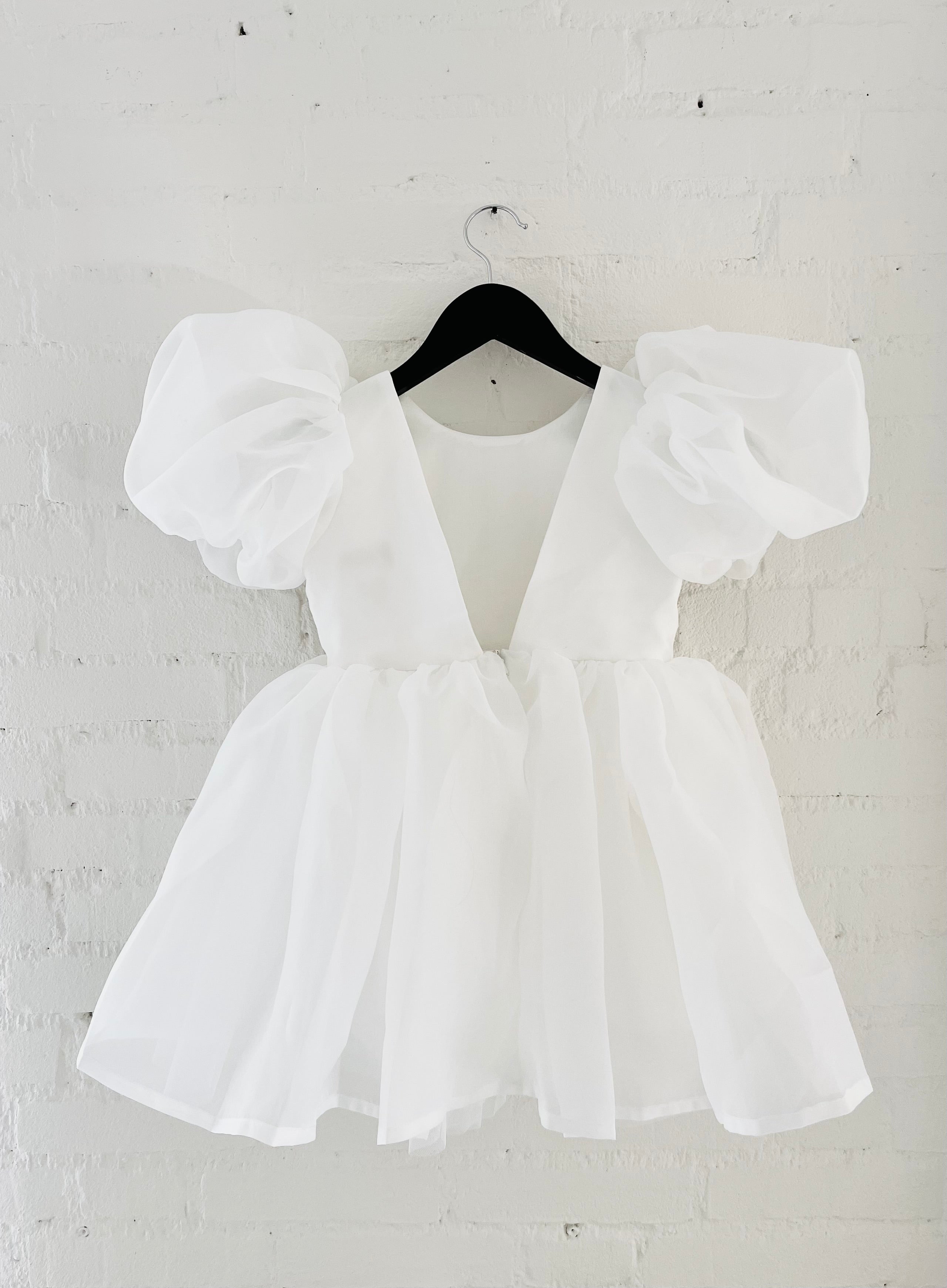 DOLLY V-BACK PUFF SLEEVE ORGANZA TUTU DRESS white