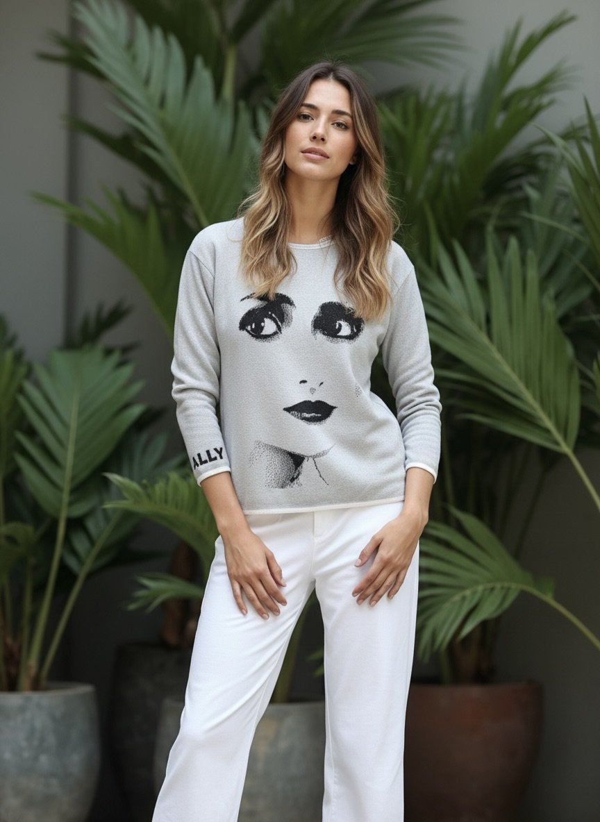 Woman wearing a gray sweatshirt with a graphic design in front of green plants