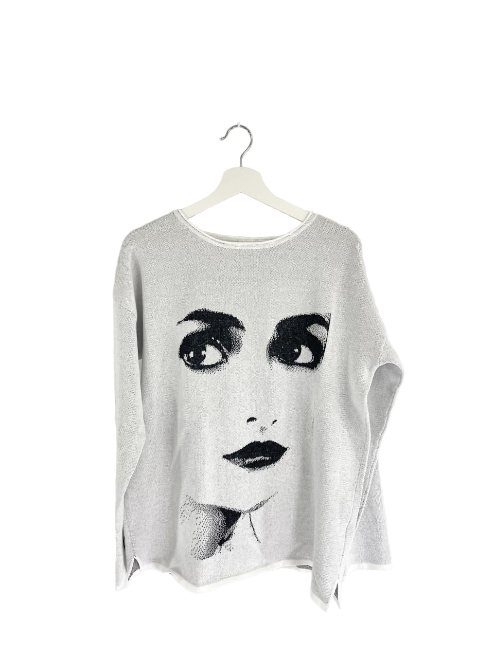 Gray sweatshirt with a graphic of a face on a white background