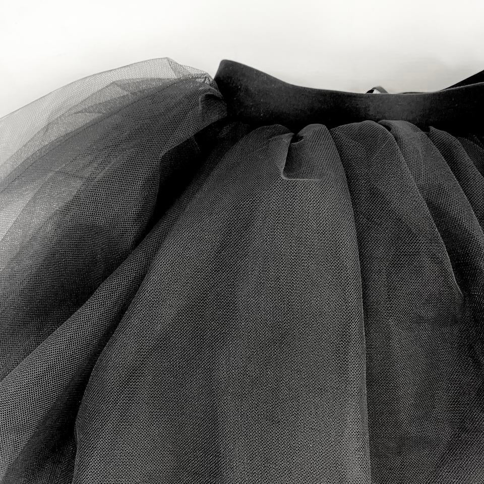 Close-up of a black tulle skirt against a white background