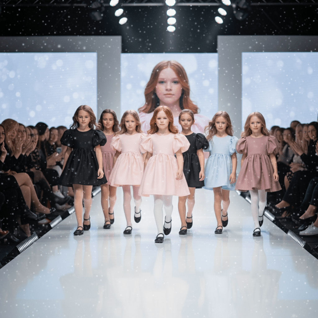 Children's fashion show with models walking down a runway.