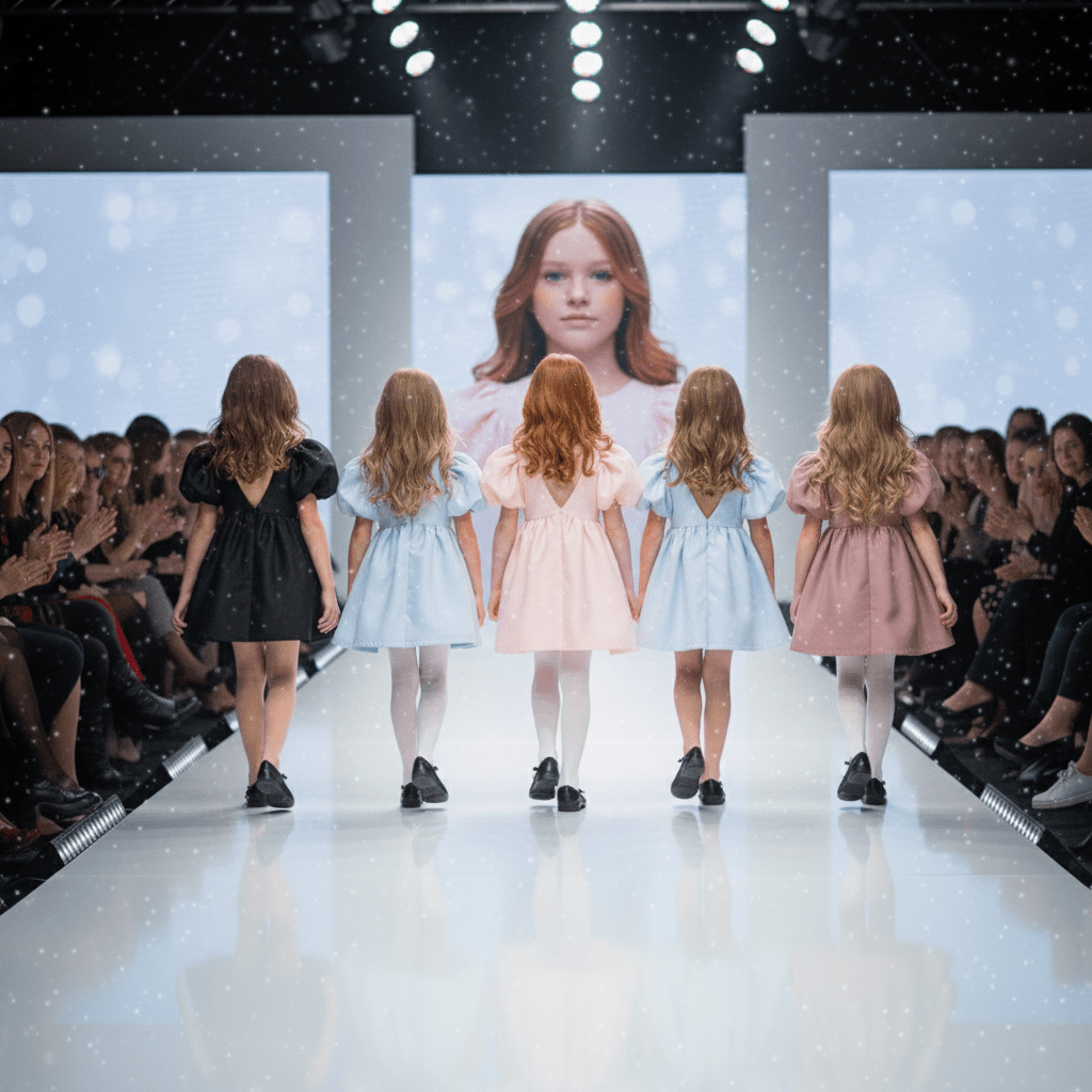 Children's fashion show with models walking down a runway.