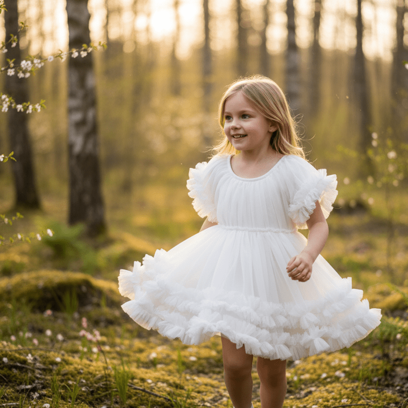 Young girl in a white dress standing in a forest during sunset.