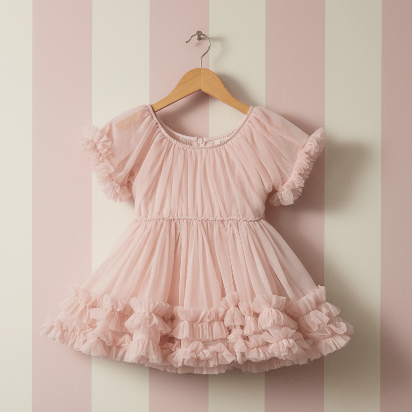 Pink ruffled dress on a wooden hanger against a striped wall.
