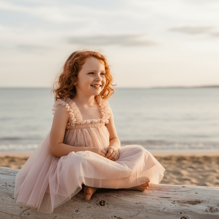 Young girl in a pink dress sitting on a log by the ocean.