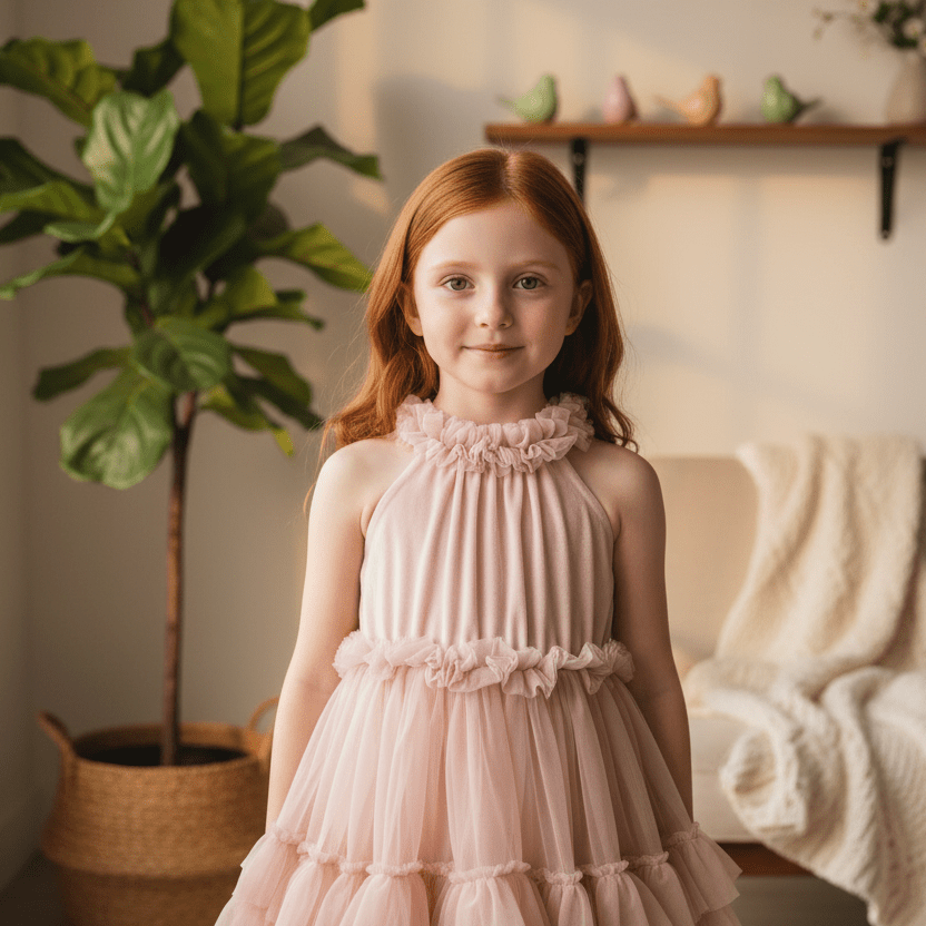 Young girl in a pink dress standing in a cozy room with a plant and decorative shelf.